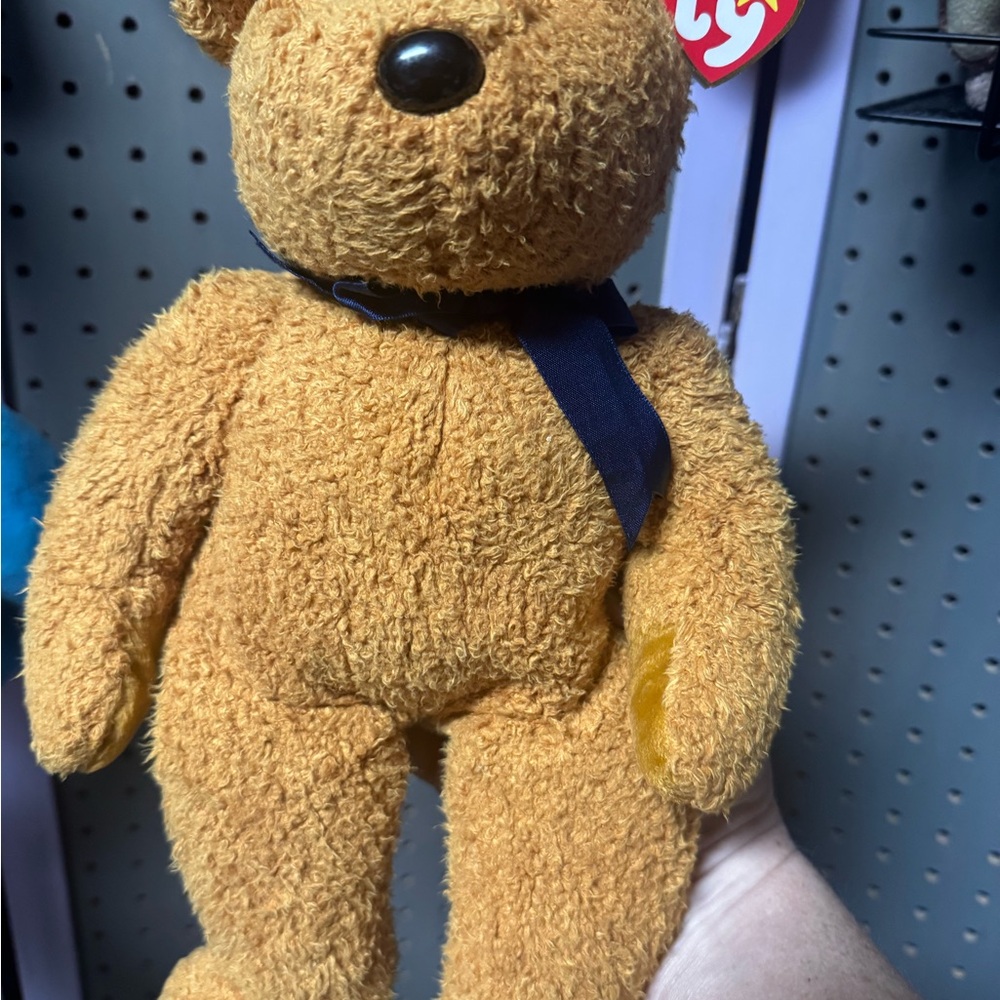 Ty Golden Brown Teddy Bear with Navy Ribbon